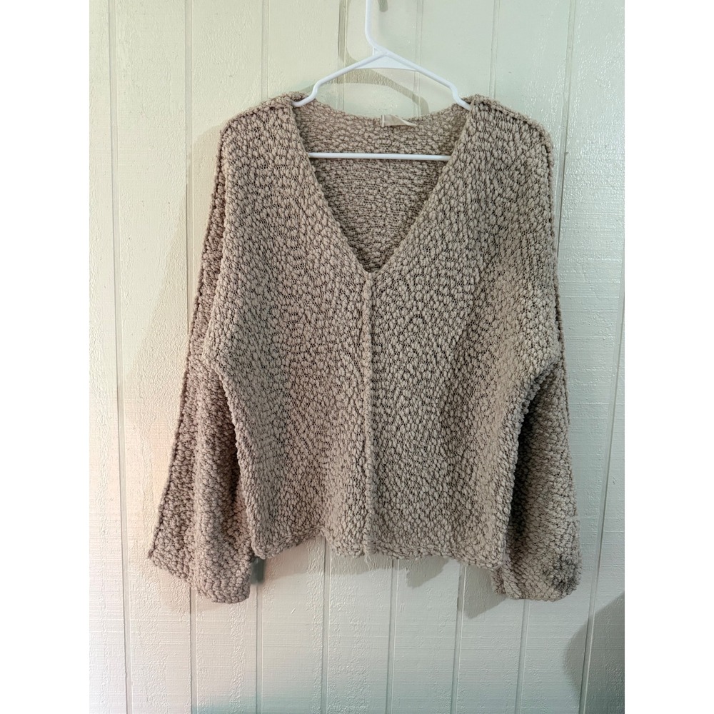 Altar'd State Popcorn Knit V-Neck Sweater Beige Tan Bell Sleeve Size M